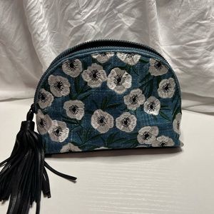 Loeffler Randall Embroidered Denim Floral Cosmetic Bag with black leather tassel